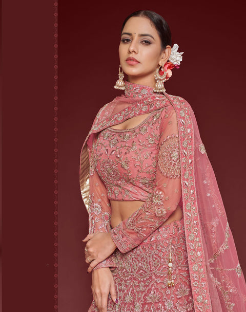 Fantasy Rose Festive Lehenga Choli Set In Soft Net With Zari And Thread Work