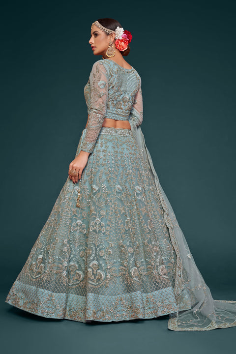 Ocean Aqua Festive Lehenga Choli Set In Soft Net With Zari And Thread Work