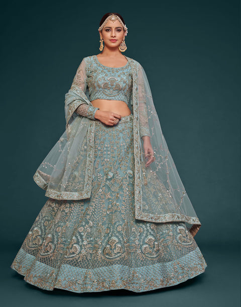 Ocean Aqua Festive Lehenga Choli Set In Soft Net With Zari And Thread Work