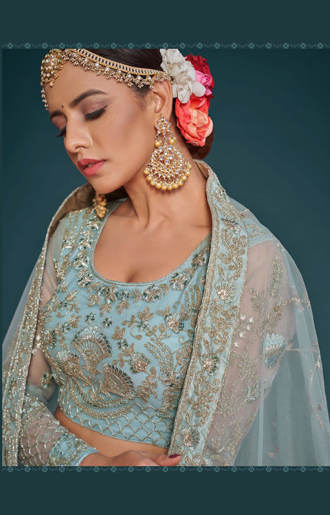 Ocean Aqua Festive Lehenga Choli Set In Soft Net With Zari And Thread Work