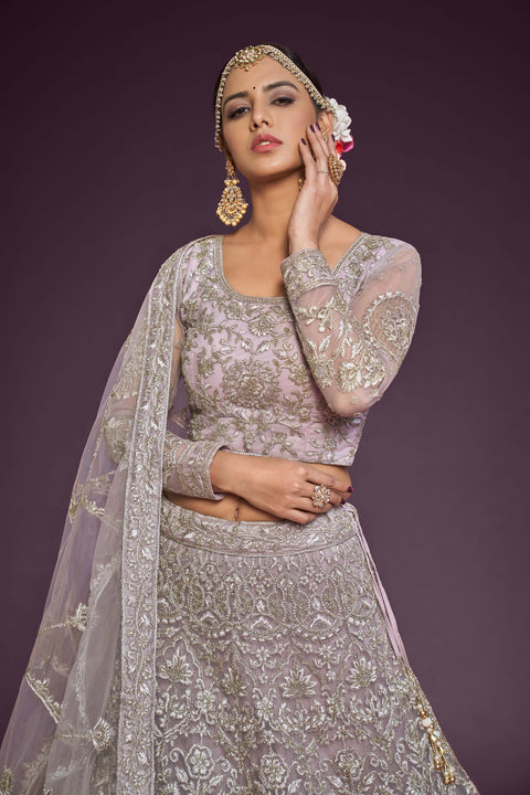Dusky Orchid Festive Lehenga Choli Set In Soft Net With Zari And Thread Work