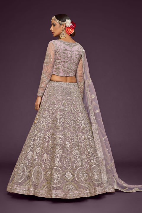 Dusky Orchid Festive Lehenga Choli Set In Soft Net With Zari And Thread Work