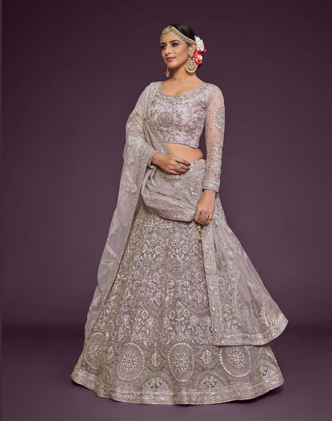 Dusky Orchid Festive Lehenga Choli Set In Soft Net With Zari And Thread Work