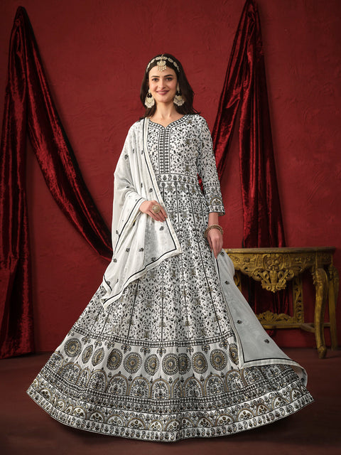 White Sequins Georgette Anarkali Suit