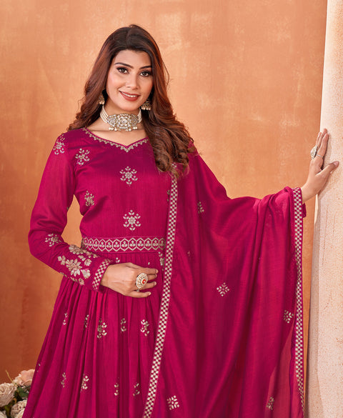 Magenta Floral Embroidered Art Silk Anarkali Suit