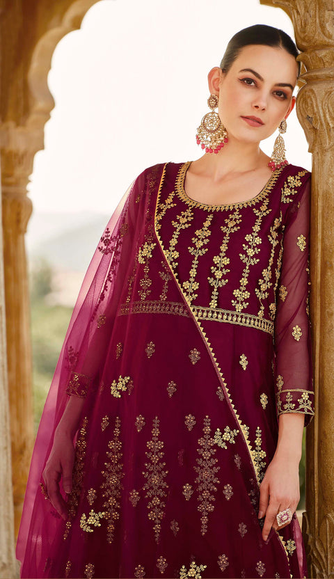 Purple Embellished With Embroidered Net Anarkali Suit