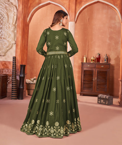 Green Floral Embroidered Art Silk Anarkali Suit