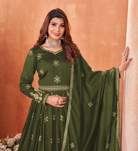 Green Floral Embroidered Art Silk Anarkali Suit