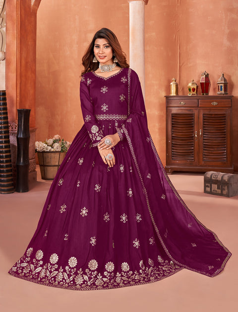 Purple Floral Embroidered Art Silk Anarkali Suit