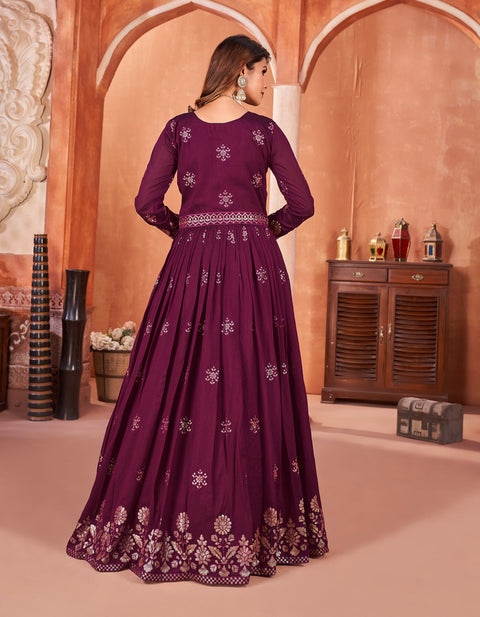 Purple Floral Embroidered Art Silk Anarkali Suit