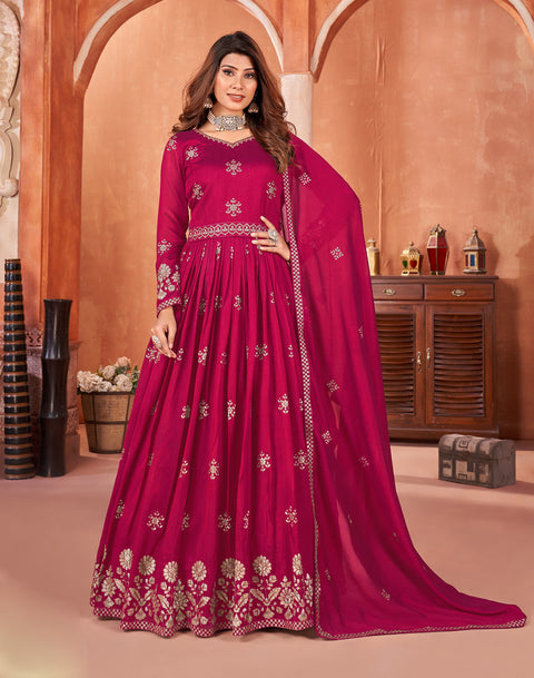 Magenta Floral Embroidered Art Silk Anarkali Suit