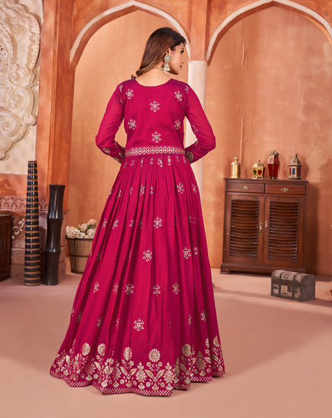 Magenta Floral Embroidered Art Silk Anarkali Suit