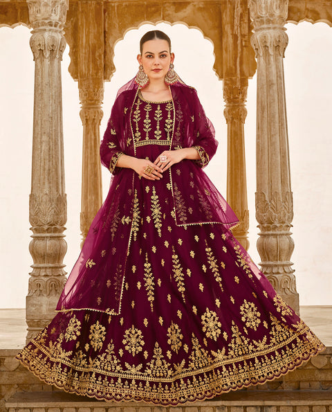 Purple Embellished With Embroidered Net Anarkali Suit