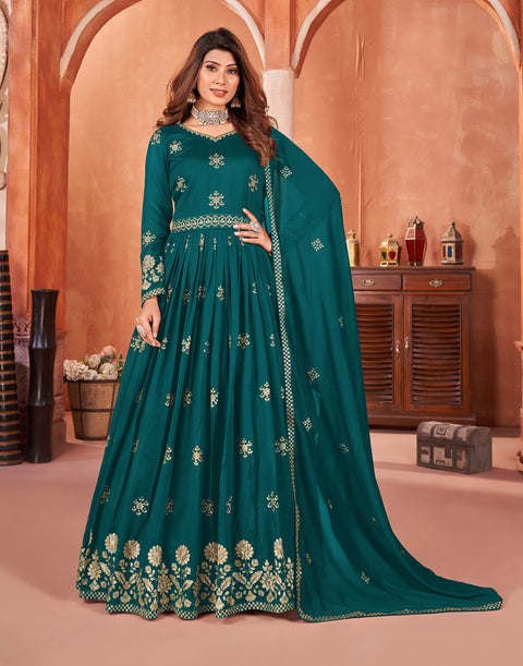 Teal Blue Floral Embroidered Art Silk Anarkali Suit