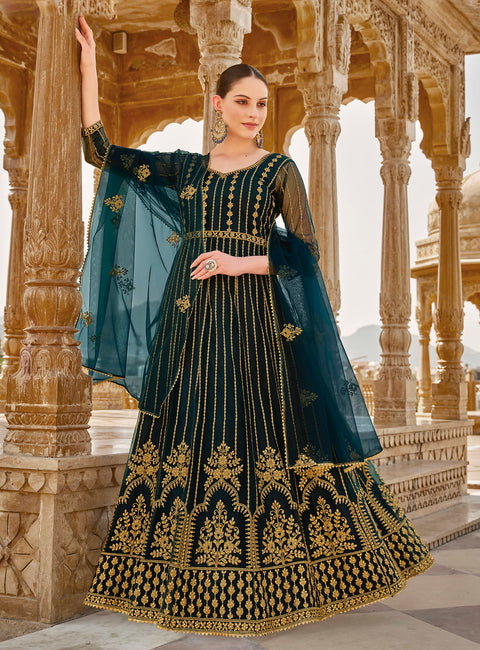 Teal Blue Embellished With Embroidered Net Anarkali Suit