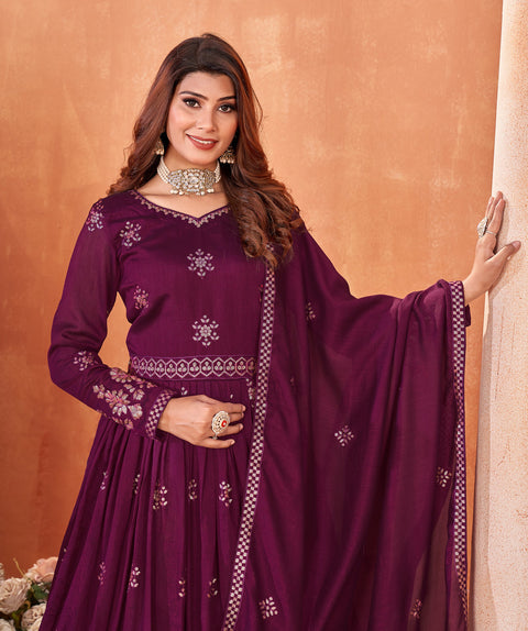 Purple Floral Embroidered Art Silk Anarkali Suit