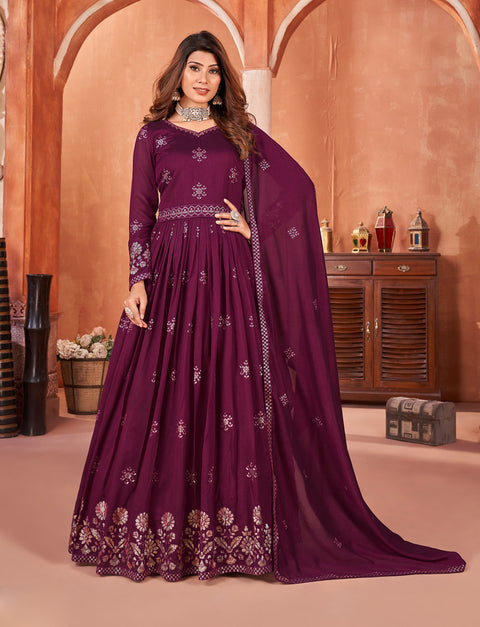 Purple Floral Embroidered Art Silk Anarkali Suit