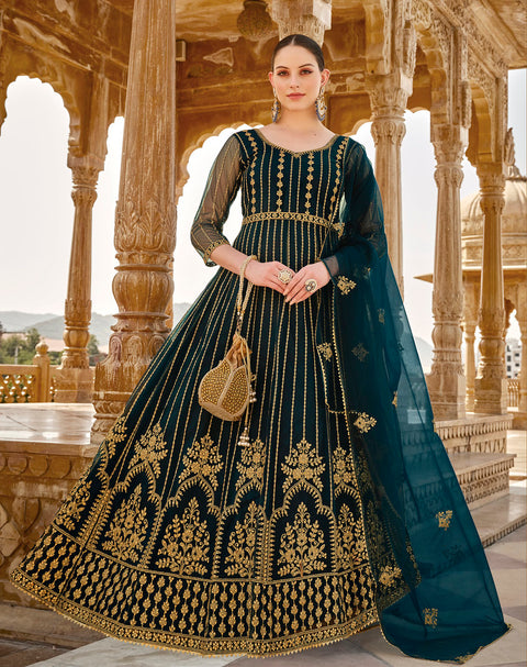 Teal Blue Embellished With Embroidered Net Anarkali Suit