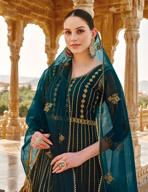 Teal Blue Embellished With Embroidered Net Anarkali Suit
