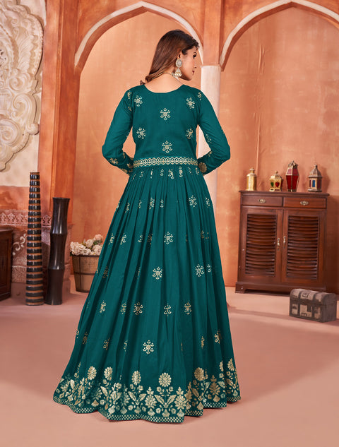 Teal Blue Floral Embroidered Art Silk Anarkali Suit