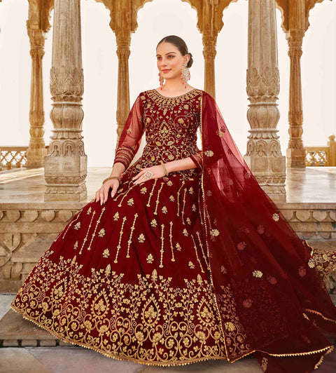 Maroon Embellished With Embroidered Net Anarkali Suit