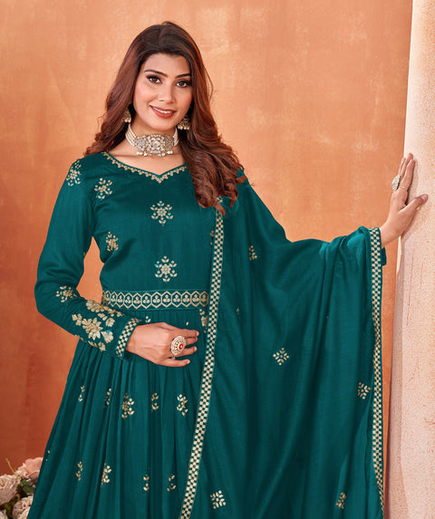 Teal Blue Floral Embroidered Art Silk Anarkali Suit