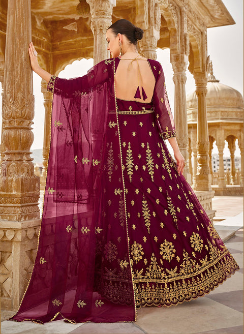 Purple Embellished With Embroidered Net Anarkali Suit