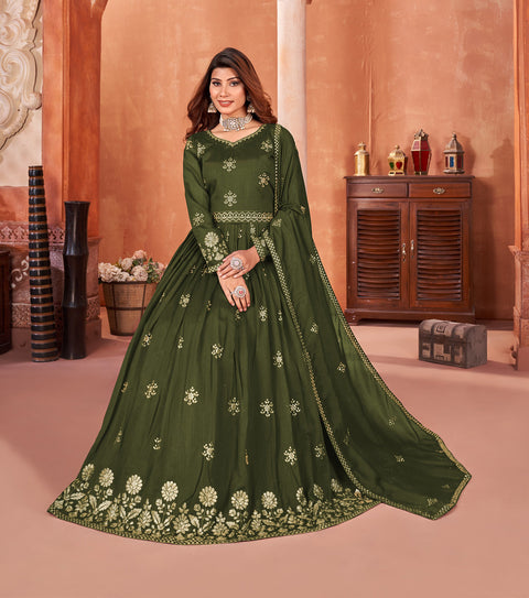 Green Floral Embroidered Art Silk Anarkali Suit