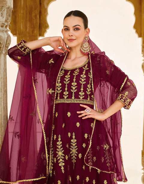 Purple Embellished With Embroidered Net Anarkali Suit