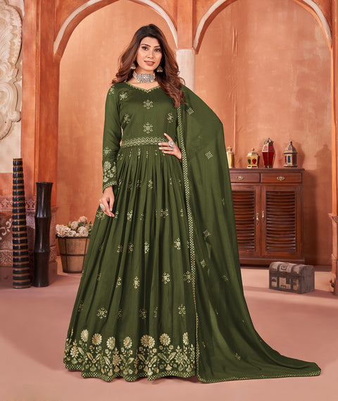 Green Floral Embroidered Art Silk Anarkali Suit