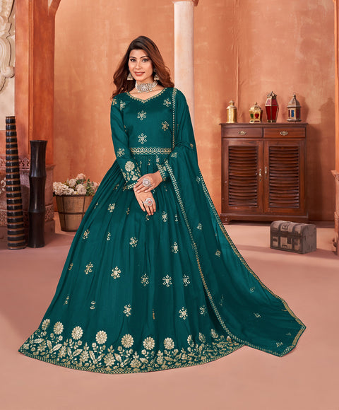 Teal Blue Floral Embroidered Art Silk Anarkali Suit