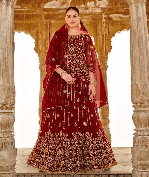 Maroon Embellished With Embroidered Net Anarkali Suit
