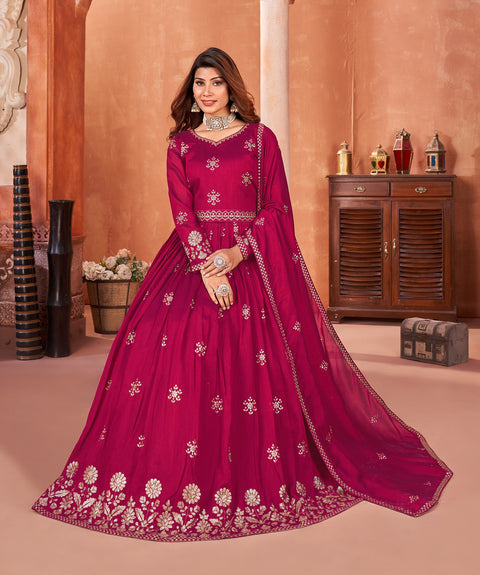 Magenta Floral Embroidered Art Silk Anarkali Suit