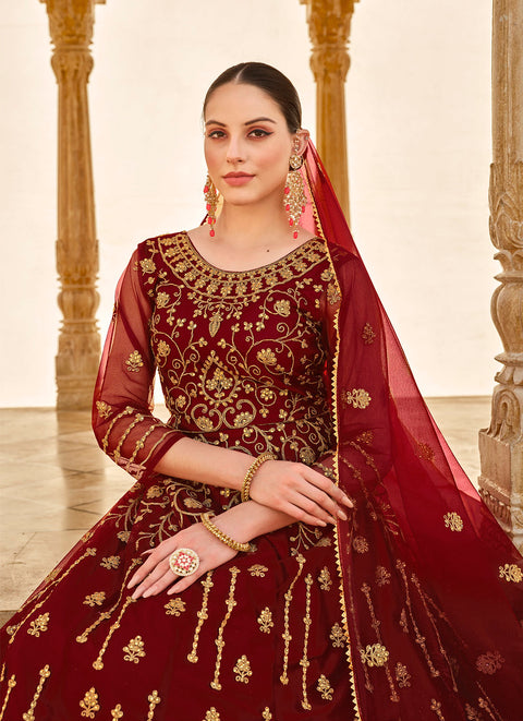 Maroon Embellished With Embroidered Net Anarkali Suit
