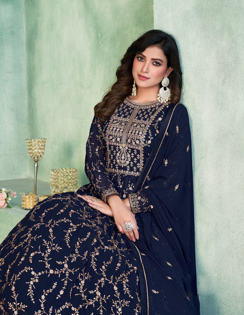 Blue Floral Sequins Embroidered Georgette Anarkali Suit