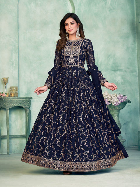 Blue Floral Sequins Embroidered Georgette Anarkali Suit