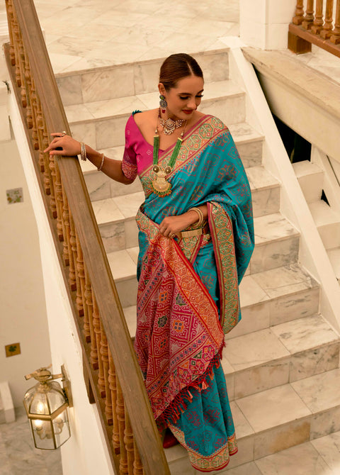 Horizon Blue Woven Banarasi Patola Silk Saree