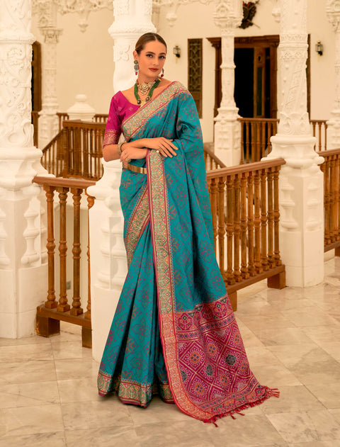 Horizon Blue Woven Banarasi Patola Silk Saree