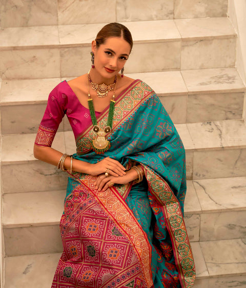 Horizon Blue Woven Banarasi Patola Silk Saree