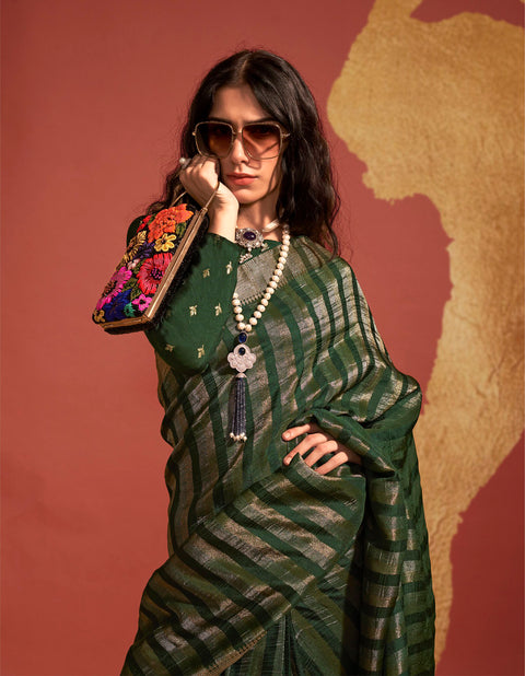 Olive Green And Gold Banarasi Soft Silk Saree
