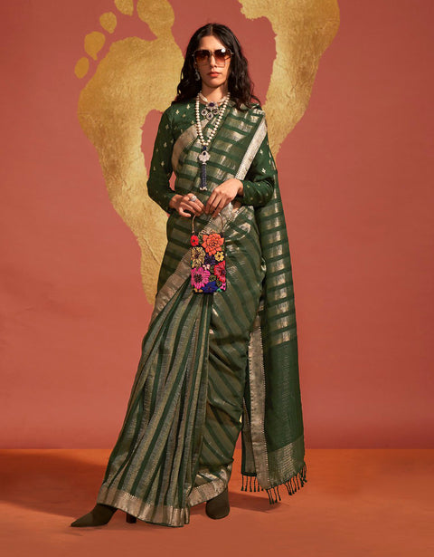 Olive Green And Gold Banarasi Soft Silk Saree