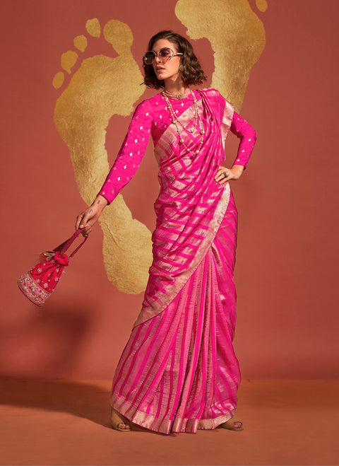 Rani Pink And Gold Woven Banarasi Soft Silk Saree
