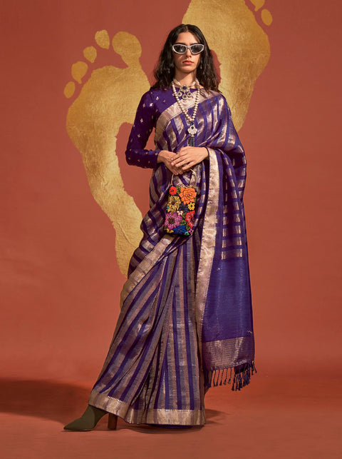 Purple And Gold Woven Banarasi Soft Silk Saree