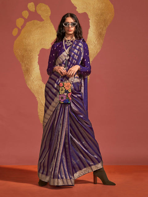 Purple And Gold Woven Banarasi Soft Silk Saree