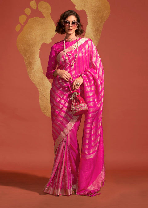 Rani Pink And Gold Woven Banarasi Soft Silk Saree