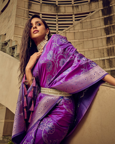 Purple Woven Satin Silk Banarasi Saree With Brocade Blouse