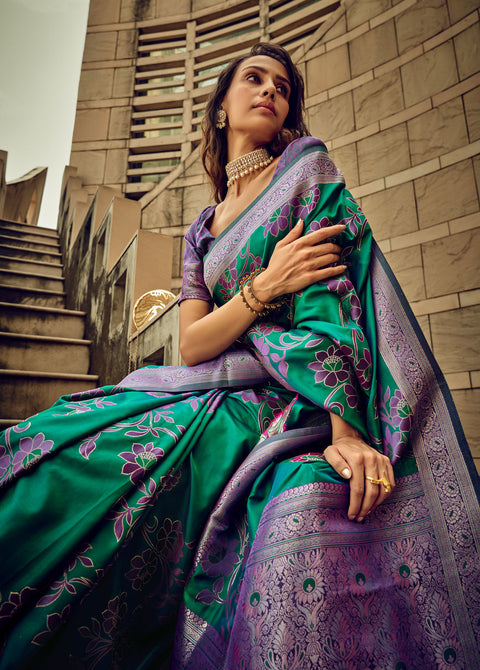 Green Woven Satin Silk Banarasi Saree With Brocade Blouse