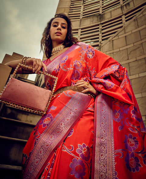 Red Woven Satin Silk Banarasi Saree With Brocade Blouse