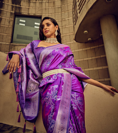 Purple Woven Satin Silk Banarasi Saree With Brocade Blouse