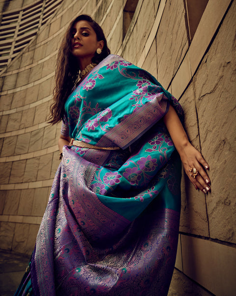 Peacock Blue Woven Satin Silk Banarasi Saree With Brocade Blouse